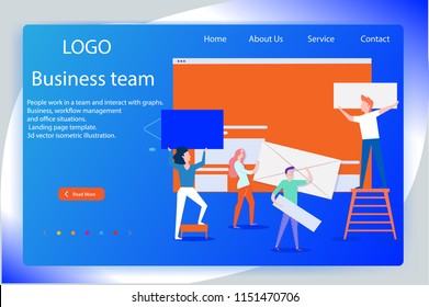 People work in a team and interact with graphs. Business, workflow management and office situations. Landing page template. 3d vector isometric illustration.
