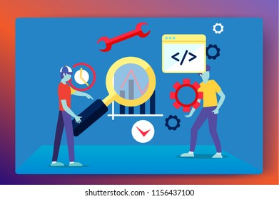 People work in a team and interact with graphs. Business,  management and office situations.Landing page template.3d vector isometric illustration.