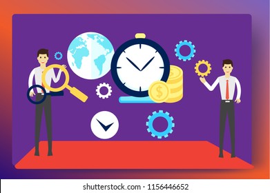 People work in a team and interact with graphs. Business, workflow management and office situations.Landing page template.3d vector isometric illustration.