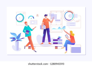 People work in a team and interact with graphs. Business, workflow management and office situations. Landing page template. Flat vector illustration.