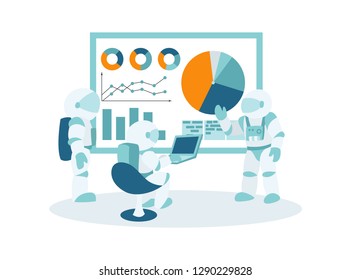 People work in a team and interact with graphs. Space business, workflow management and office situations. Flat vector illustration for landing page template, web banner, infographics, hero images.