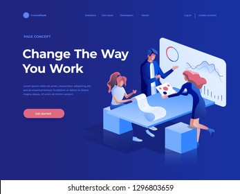 People work in a team and interact with graphs. Business, workflow management and office situations. Landing page template. 3d vector isometric illustration.