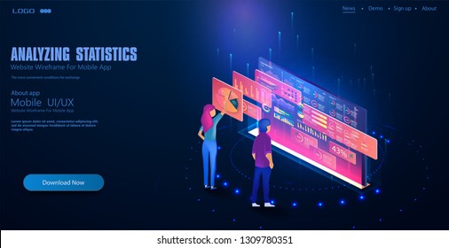 People work in a team and interact with graphs. Business, workflow management. Online statistics and data Analytics. Website template for deep learning concept. Vector 