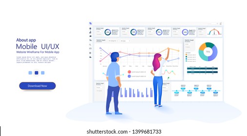 People work in a team and interact with graphs. Business, workflow management. Online statistics and data Analytics. Website template for deep learning concept. Vector 