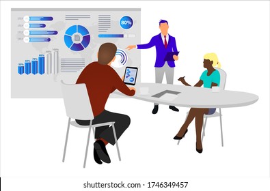 La gente trabaja en equipo e interactúa con los gráficos. Situación empresarial, de gestión de flujos de trabajo y de oficina. Panel de control. Ilustración isométrica vectorial 3d. Presentación. Exitoso. Formación. Seminario. 4.º comercialización