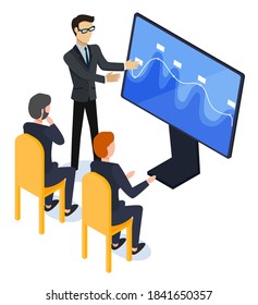 People work in a team and interact with graphs on modern screen vector. Business, workflow management and office workers in teamwork. Statistics and analytics presentation with innovative technologies