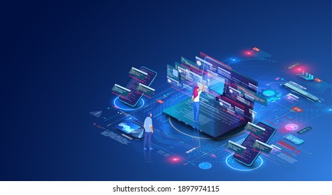 People work in a team and interact with graphs. Business, workflow management. Remote employee's laptop. Developing of internet app or online website service. Isometric vector illustration