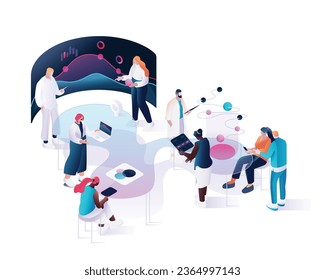 People work in a team and interact with graphs. Business, workflow management and office situations. Landing page template. 3d vector isometric illustration.