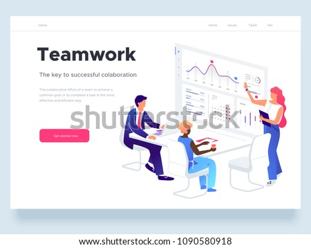 People work in a team and interact with graphs. Business, workflow management and office situations. Landing page template. 3d vector isometric illustration.