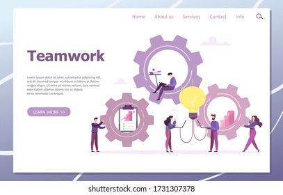 People work in a team and interact with schedules. Business, workflow management and office situations. Landing page template. Development of a new idea. Vector illustration.