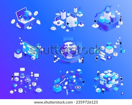 People work in a team, interacting with charts and analysing statistics. Data visualisation. Startup concept. Achieve the goal. Launch a new product on a market. Isometric vector illustration.