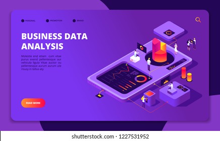 People work in team. Persons analyze financial charts in workplace. Achieve goal, modern business technology vector isometric concept
