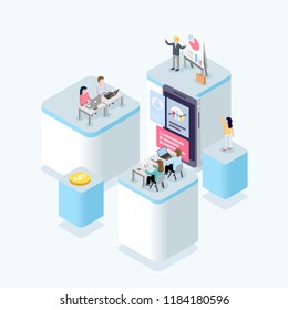 People work in a team. Teamwork and development concept. Isometric vector illustration.