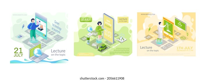 People Work With Technologies For Enviroment Protection. Set Of Illustrations About Lecture On Topic Of Green Technology Ecosystem. Waste Recycling, Alternative Energy Generation, Creation Of Biofuel