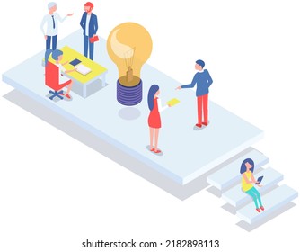 People work with technology and data. Colleagues communicating and discussing new startup. Employees work with idea, search for solution. Light bulb as symbol of new idea for business development