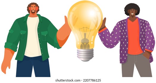 La gente trabaja con tecnología y datos. Colegas comunicándose y discutiendo sobre una nueva empresa. Los empleados trabajan con ideas, buscan soluciones. Bombilla de luz como símbolo de la nueva idea para el desarrollo empresarial