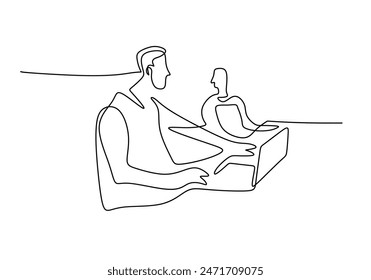 People work together with computer laptop continuous line drawing. Teamwork and business concept. Vector illustration minimalist design hand drawn.