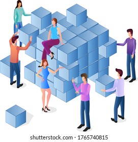 Las personas trabajan juntas.El concepto de trabajo en equipo.Logro de objetivos compartidos.La gente construye a partir de bloques pequeños.Isometric vector ilustración.