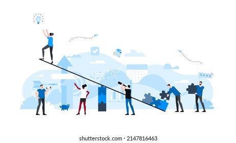 People work together to help a woman climb to a height to get a lamp symbolizing an idea and success. Conceptual business story. Puzzle connection, teamwork abstract metaphor, partnership.