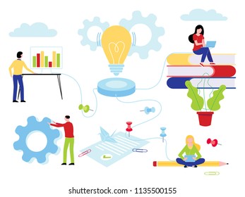 People work together for idea flat style vector illustration. Concept of idea growing, teamwork and business constraction and analitics. Education workplace things, people isolated on white background