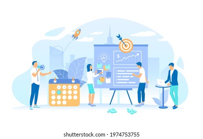 People work together making a plan on a board, mark tasks, track execution of tasks. Business planning, management, organization, success strategy. Working process, teamwork communication. Vector