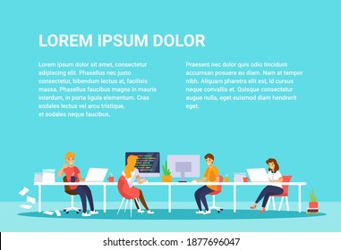 People work together in office or coworking space. Workers sitting at the big desk and using laptop and computers. Vector poster with cartoon characters and example text on blue background.
