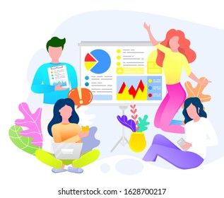 People work together on project in office. Ladies with devices like laptop and smartphone. Man and woman stand near board with data graphs. Business startup plan, team building. Vector illustration