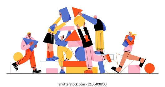 People work together set up abstract geometric shapes. Businesspeople teamwork, communicate, corporate teambuilding, collaboration, cooperation, partnership, Linear cartoon flat vector illustration