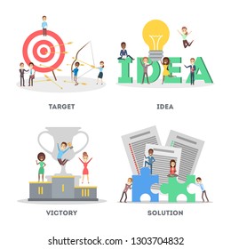 People work together in team banner set. Strategy and business planning. Workers support each other. Idea of success and victory. Isolated vector illustration in cartoon style