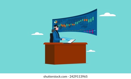 people work using AR and VR headsets at work desks illustration, analyze business growth graphs using visual reality and augmented reality headset technology, mixed reality headset with future work