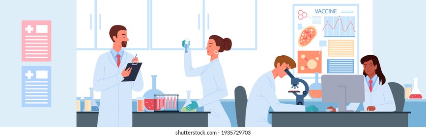 People work in vaccine development science laboratory, holding lab analysis in test tube