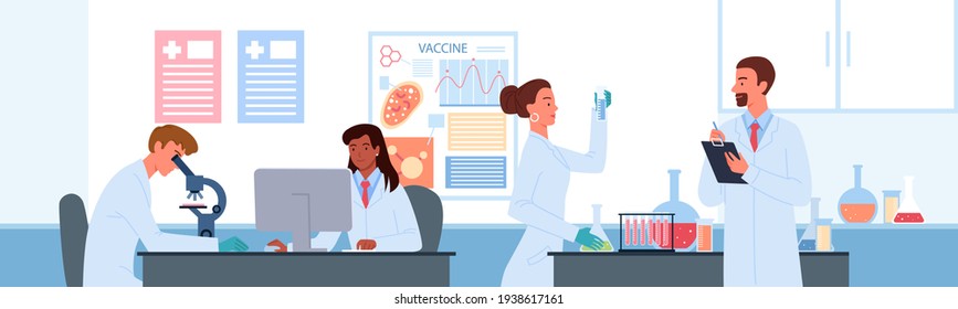 People work in vaccine development science laboratory vector illustration. Cartoon men and women scientist characters develop vaccine for coronavirus, holding lab analysis in test tube flat background. - Shutterstock ID 1938617161