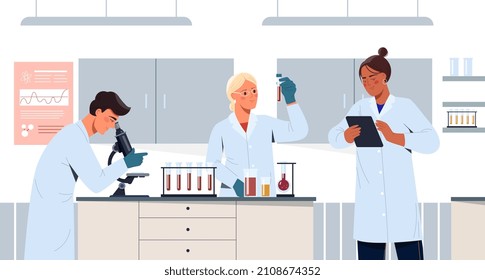 People work in vaccine development science laboratory concept. Microbiologists working to create cure for coronavirus and other infections. Lab analysis in test tubes. Cartoon flat vector illustration