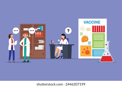 People work in vaccine development science laboratory 2d flat vector illustration