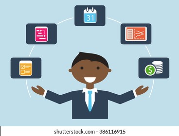 People at work: vector illustration of project manager who manages project plan, budget, tasks