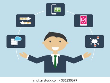 People at work: vector illustration of an IT security expert who is managing different tasks