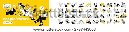 People and work. Vector illustrations of people in various business activities. Concepts for graphic and web design, social media, business presentation and marketing material. 