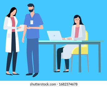 People at work vector, isolated doctors wearing uniform, laboratory with professionals dealing with sickness and diseases. Science study of experts