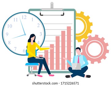 People at work vector, man and woman with laptops working with digital virtual sphere. Clipboard with infochart and cogwheels, clock time management