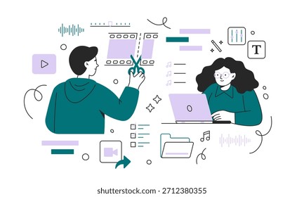 Las Personas Video trabajan con herramientas de edición. Producción de medios modernos y concepto de realización de películas. Ilustración plana de Vector con software de edición, línea de tiempo y equipo creativo aislado sobre un fondo blanco.
