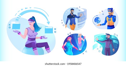 people work in virtual reality. Augmented reality glasses. People and future technologies. Set of futuristic vector illustrations in cyberpunk style for presentation slides or websites design.
