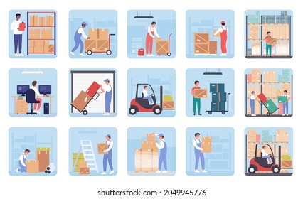 People work in warehouse, logistic service set vector illustration. Cartoon worker characters carry cardboard boxes, using forklift to load parcel packages in storage building interior background