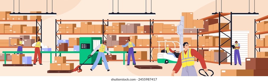 People work in warehouse. Stockroom workers do shipment of boxes with forklift. Factory storage interior. Hangar building inside. Logistic, distribution and delivery of goods. Flat vector illustration