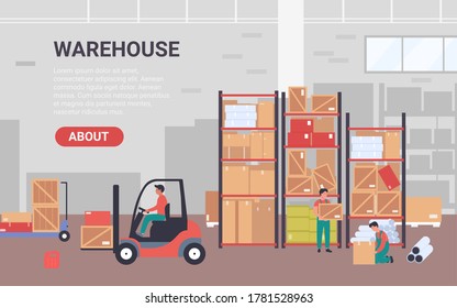 People work in warehouse vector illustration. Cartoon flat banner for warehousing company with workers characters packing goods pipes into packages, loading boxes using forklift loader background