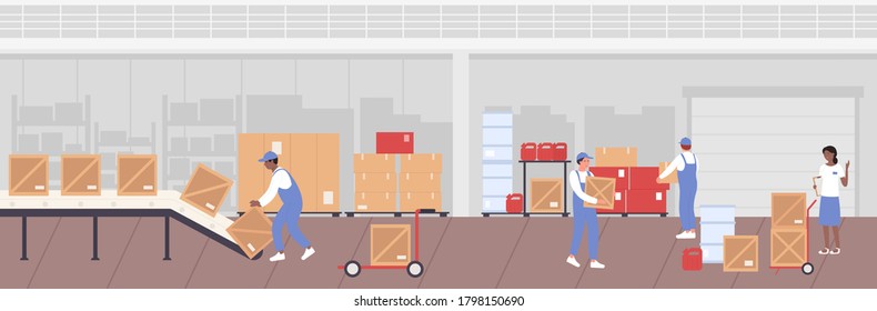 People worker working in warehouse vector illustration. Cartoon flat man woman characters unload boxes from conveyor line, control loading warehousing process, logistic service storage work background