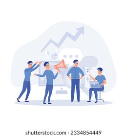 People workers cartoon characters searching for new ideas and decisions rising career to success filled with thoughts and ideas illustration, flat vector modern illustration