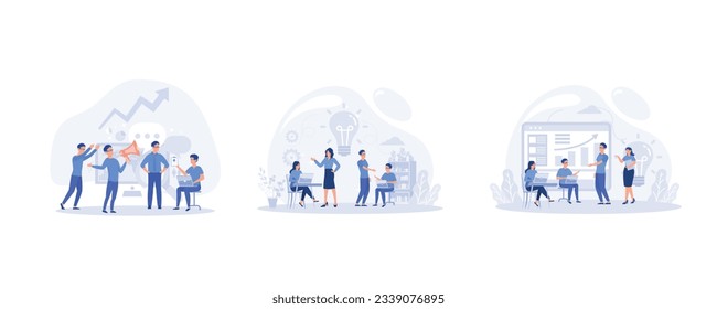 People workers cartoon characters searching for new ideas, working together in the company, online assistant at work, set flat vector modern illustration