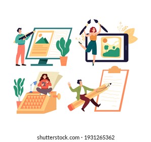 People workers characters journalist copywriter content manager blogger profession isolated set. Vector graphic design flat simple modern illustration