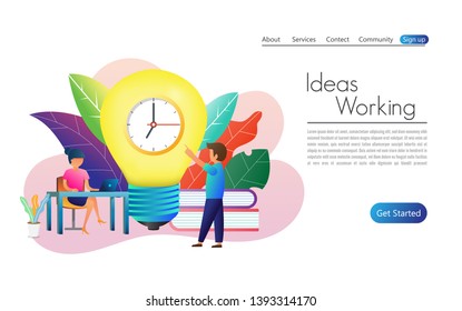 People working against time to finish. Coworking, freelance, teamwork, communication, interaction, idea, independent activity concept. Website template.