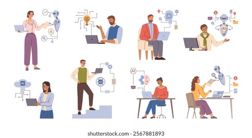 People working with ai, automation data insights and customer experience. Vector analytics and bots, customer service tools and metrics. Business mechanization and networking, cloud computing